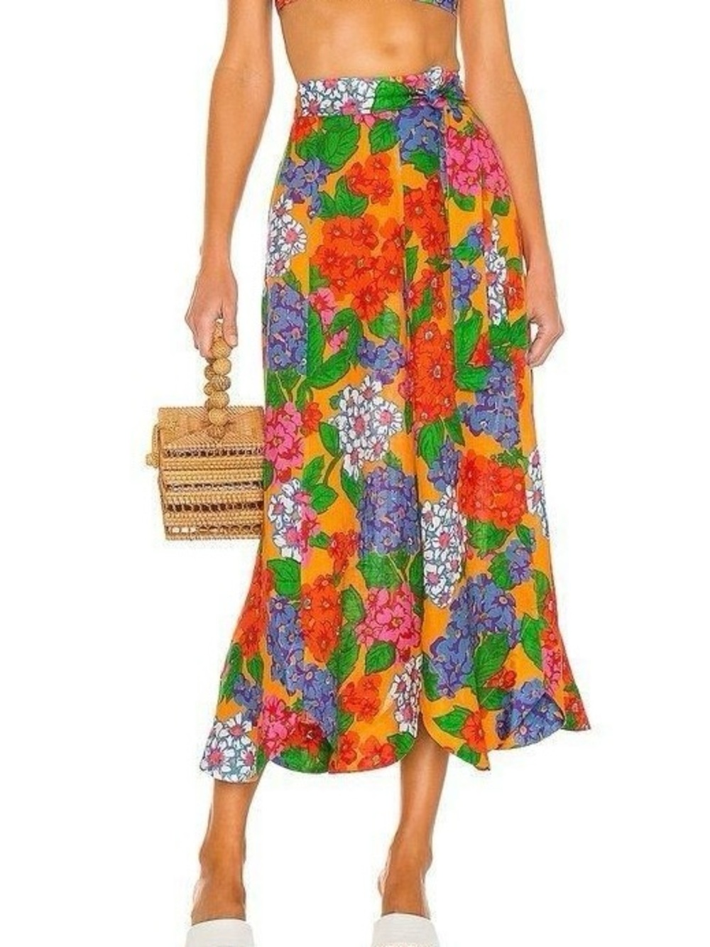 ZIMMERMANN Riders Scallop Hem Linen Skirt in Mango Floral